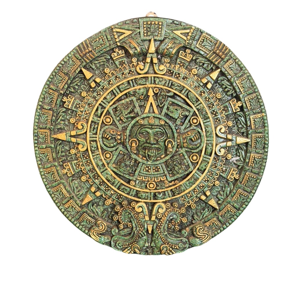Vintage Aztec Sun Stone Calendar Wall Plaque Green Gold Malachite 14"